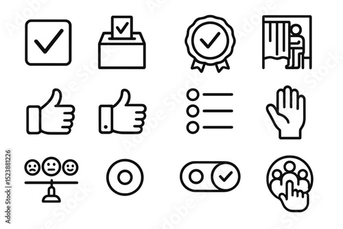 Voting icons: checkmarks, ballot box, thumbs up, voting booth, badge