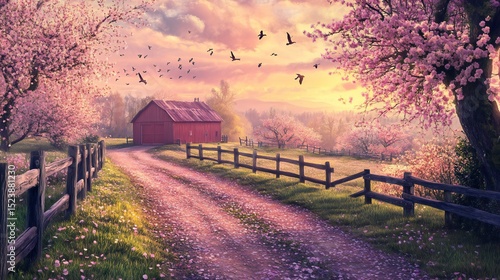 Picturesque Countryside Road with Blooming Trees and Red Barn at Sunset in Spring
