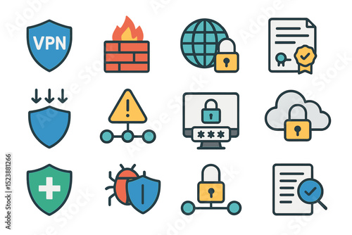 Cybersecurity icons collection featuring vpn and firewall symbols