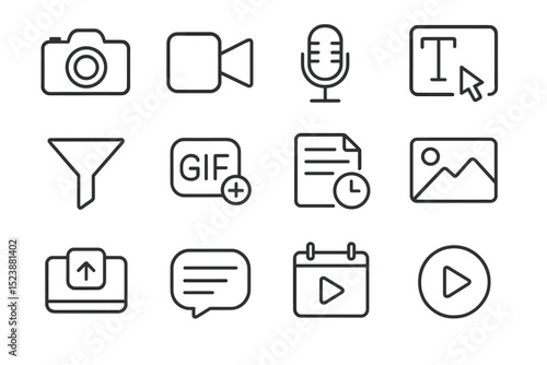 Set of media icons including camera, video, microphone, text, and image