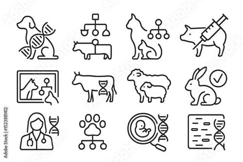 Animal genetics icons - dna, pets, livestock, doctor, magnifying glass