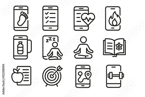 Health and fitness icons: exercise, meditation, nutrition, sleep, tracking