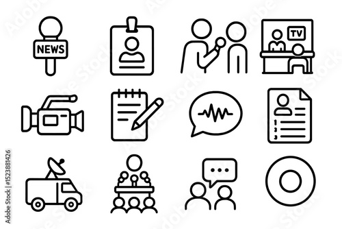 Media icons set with microphone, camera, notebook, tv, and news symbols