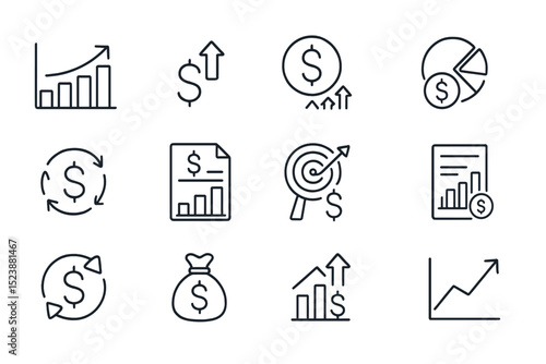 Financial growth icons: charts, dollar symbols, investment graphics