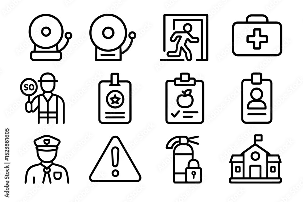 School safety icons: alarm, exit, medical kit, badges, caution, extinguisher School safety icons: alarm, exit, medical kit, badges, caution, extinguisher