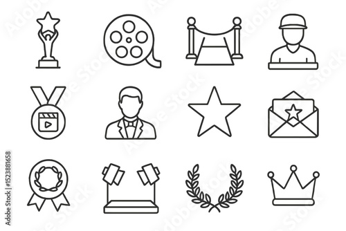 Icon set: awards, cinema, red carpet, medal, star, laurel, crown, fitness
