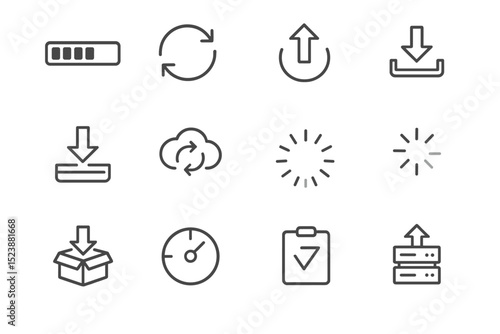 Black and gray technology icons for download, upload, and synchronization