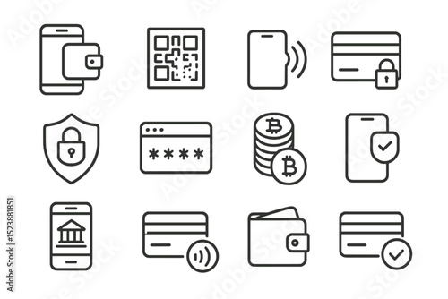 Digital payment and security icons: wallet, qr code, bitcoin, nfc, lock