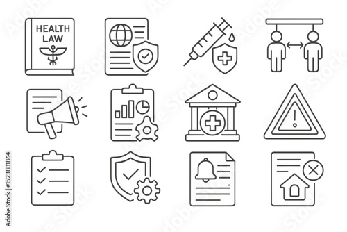 Healthcare icons: health law, vaccination, reports, safety, communication