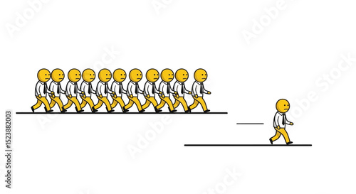 Cartoon Figures Walking in Line and Separated from the Group