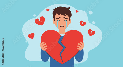 Crying man holding a broken heart with floating broken hearts