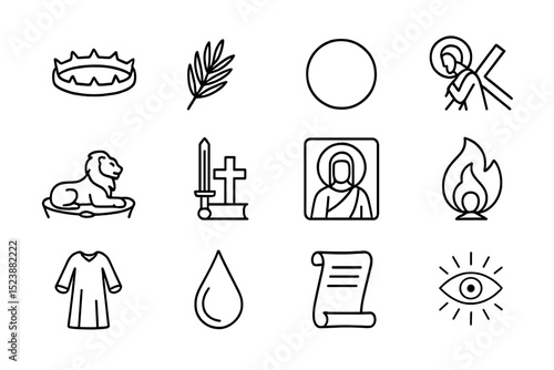 Christian symbols collection: crown, cross, lion, and more icons