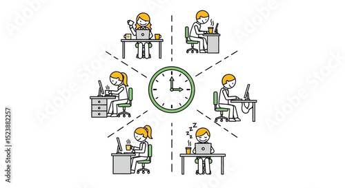Six Office Workers Daily Schedule Around a Clock