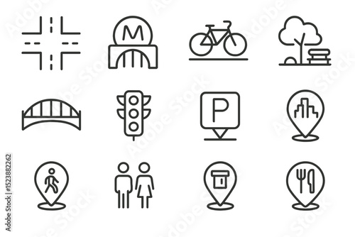 Urban transportation and amenities icon set with minimalist design