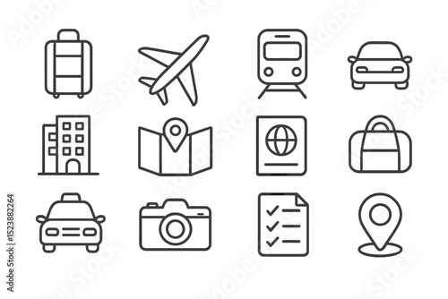 Travel icon set: transportation, accommodation, navigation, and documentation