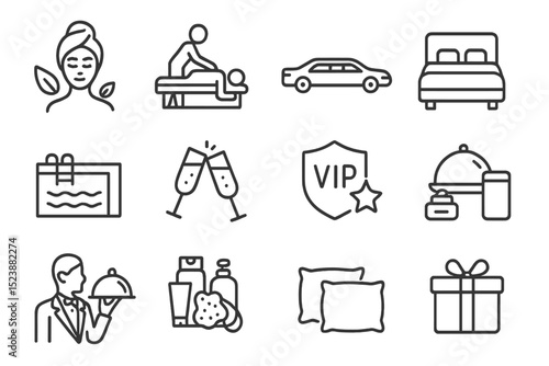 Luxury hotel services icons including spa, massage, chauffeur, and room service