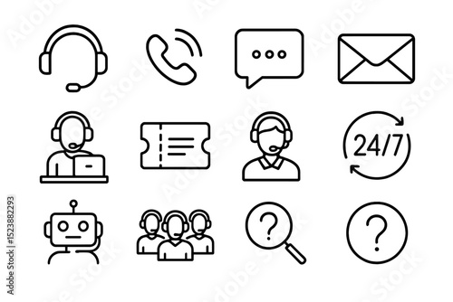 Customer support icons: communication, assistance, 24/7, call, email, chat, help