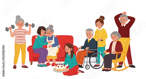 Multigenerational Family Gathering with Elderly Celebrating Birthday