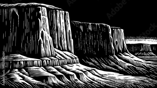 black and white sketch vector of a dramatic desert cliff with layers of eroded rock formations