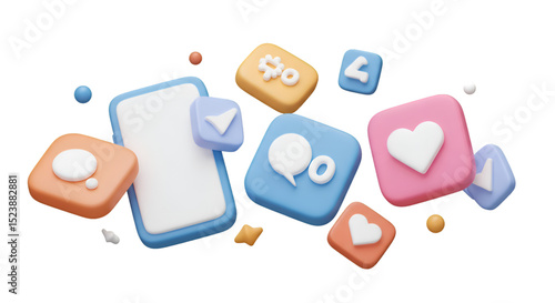 Floating 3D Social Media Icons with Smartphone Hearts Comments and Settings