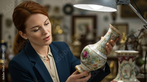 Expert appraises antique vase under bright lamp