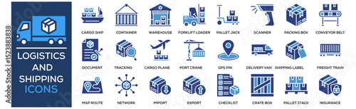 Logistics and Shipping icon collection set. Containing design Cargo Ship, Delivery Truck, Shipping Container, Warehouse Building, Forklift Loader