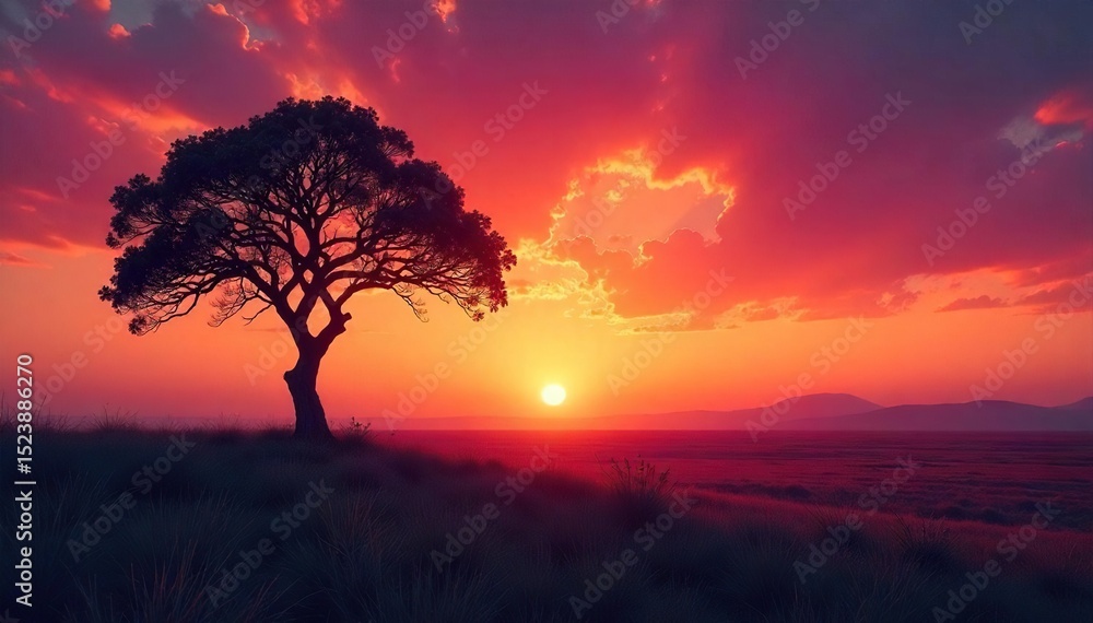 Fototapeta premium A lone tree stands silhouetted against a vibrant sunset, utterly isolated on a vast, empty plain The feeling of solitude and remoteness is palpable , lonely, landscape, silhouette