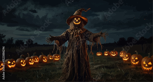 A spooky scarecrow surrounded by pumpkins, embodying the spirit of Halloween in a vibrant outdoor setting.