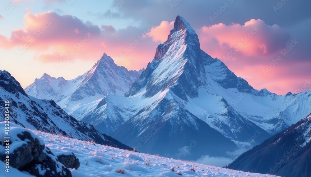 Obraz premium Jagged peaks pierce a dramatic sky, snow blankets slopes , cold, summit, mountainscape