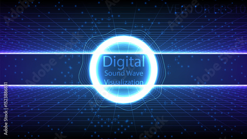 Glowing digital sound wave visualization with circular pattern and grid background, creating futuristic and dynamic effect