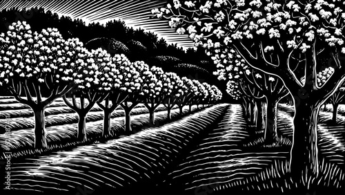 Black and white sketch vector of a serene orchard with rows of blooming fruit trees in spring