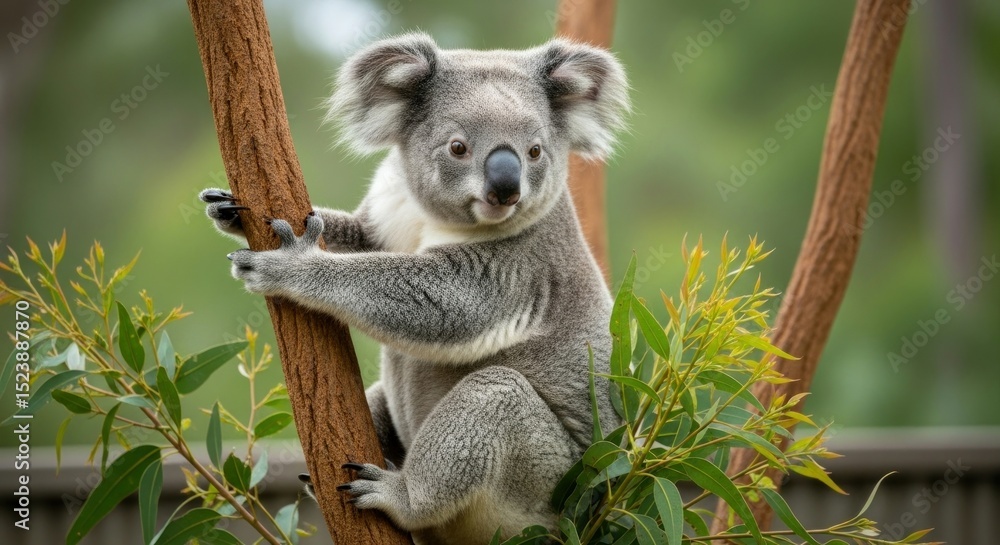 Fototapeta premium Gray koala clinging to eucalyptus branch.