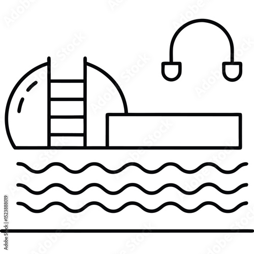 Minimalistic line art illustration depicting a swimming pool with ladder and diving board