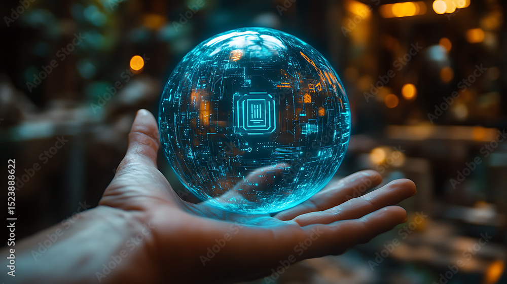 Fototapeta premium Digital technology sphere displayed on hand representing future data network and connectivity