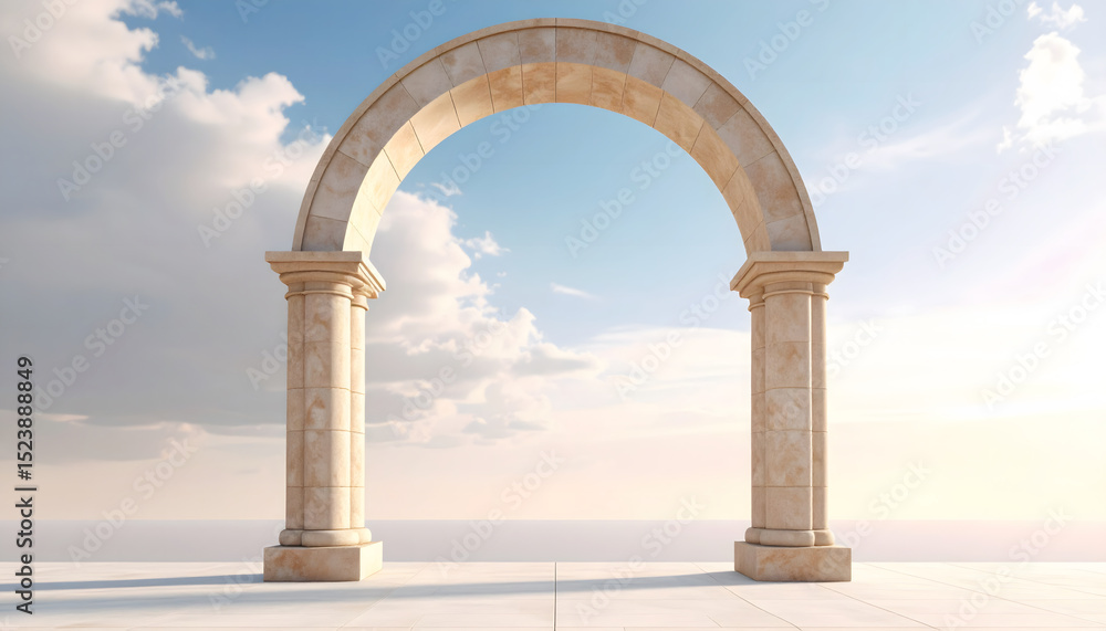 Fototapeta premium Stone Archway with Columns in Vast Open Landscape Under Clear Sky, Solitary Architectural Structure