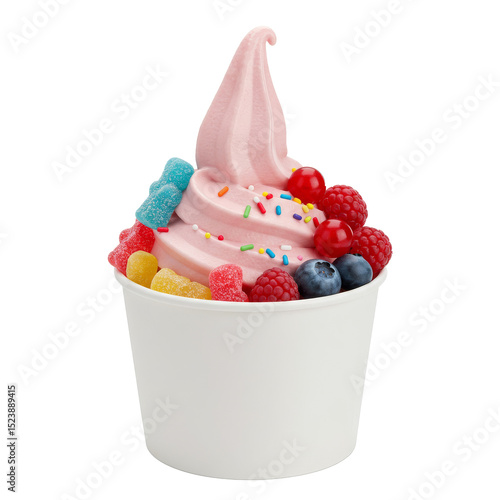 A swirl of pink frozen yogurt topped with sprinkles, berries, and candy. A cold and creamy treat perfect for summer.