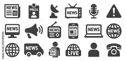News report flat style icon symbol set. Journalism newspaper logo sign collection. TV, radio, computer, internet, live broadcast. Vector illustration image. Isolated on white background.