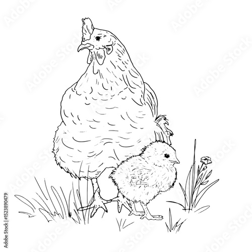 Mother bird chicken and baby chicken in grass, poultry from the farm, black and white ink sketch. Vector illustration. Village animals, isolated on a white background. For kitchen decoration, textiles