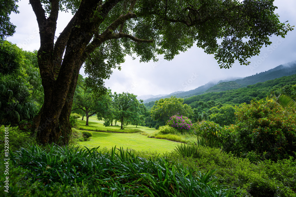 Muddy Trail Through Lush Green Forest with Mountains in the Background Muddy Trail Through Lush Green Forest with Mountains in the Background
