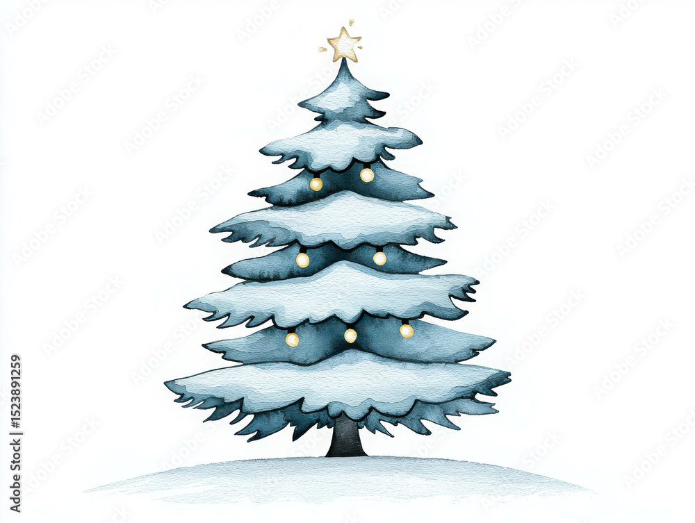 Obraz premium Winter Wonderland Scene Featuring a Beautiful Snow-Covered Christmas Tree with Bright Ornaments and a Shining Star on Top in a Minimalist Style