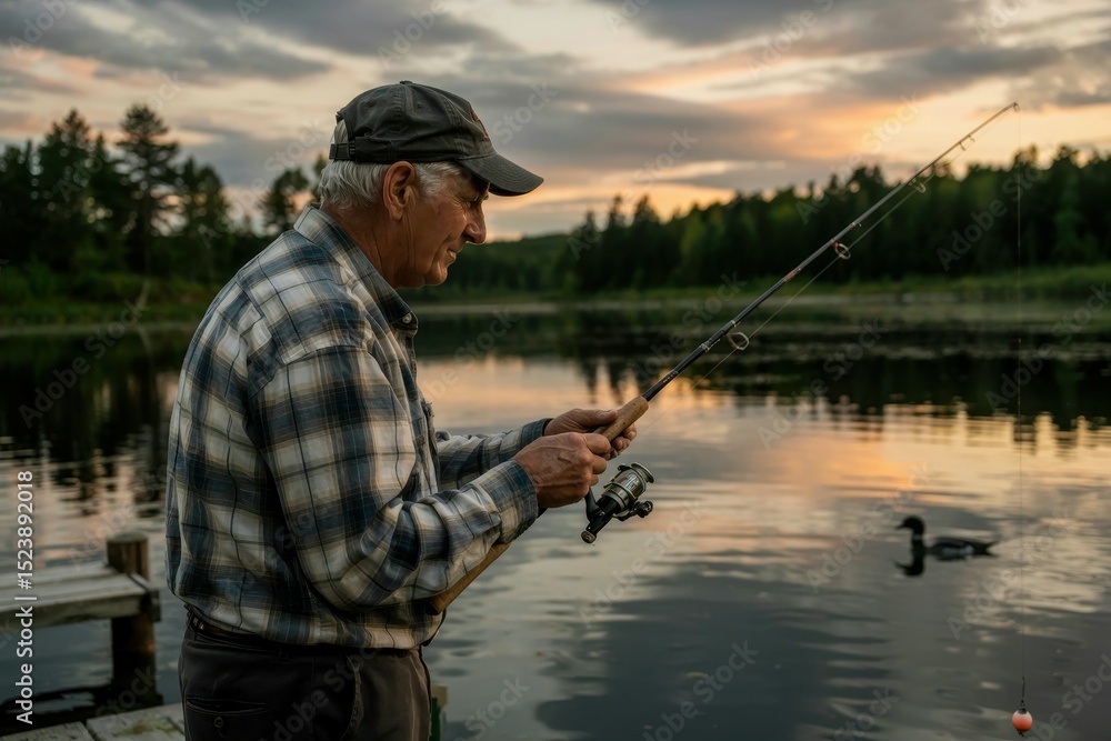 A photograph of a distinguished senior man with a weathered face and kind eyes, patiently fishing from a small wooden dock A photograph of a distinguished senior man with a weathered face and kind eyes, patiently fishing from a small wooden dock