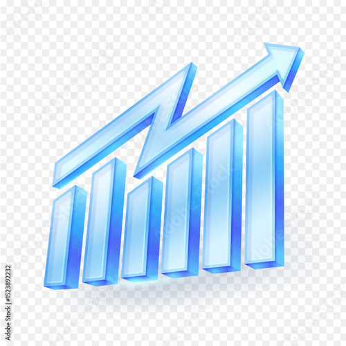 3D glass bar graph with an upward-pointing arrow, symbolizing business growth, financial success, and data visualization. Ideal for finance, analytics, and presentation. Vector Illustration.