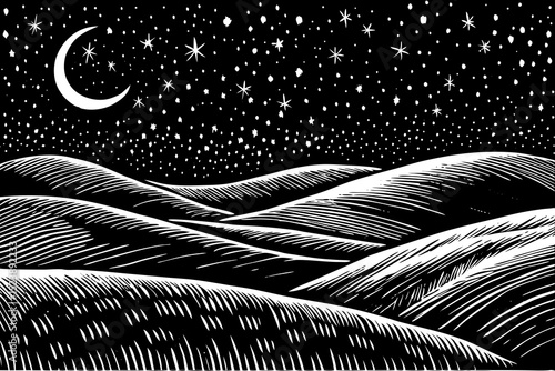 Black and white sketch vector of rolling hills under a star-filled night sky with a crescent moon