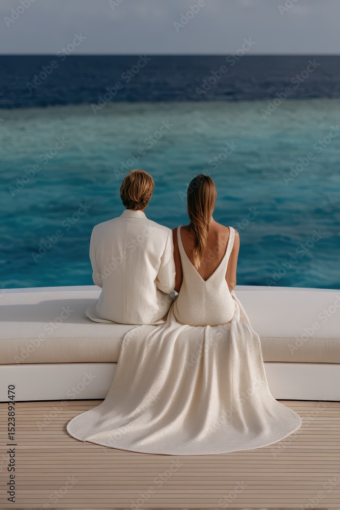Fototapeta premium Romantic couple enjoying serene ocean sunset together while seated on a stylish sofa overlooking clear turquoise waters in a peaceful tropical setting radiating joy and tranquility