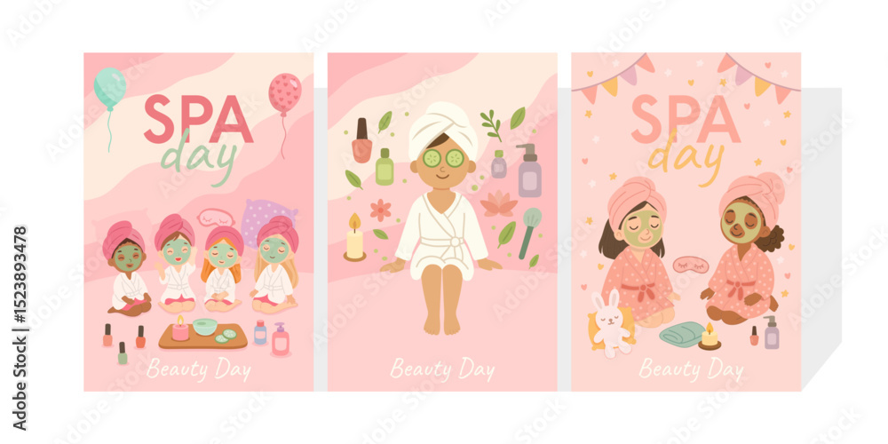Set of three SPA DAY pink posters featuring girls in towels and face masks, candles, and spa items for children wellness and skincare decoration. Vector illustration Set of three SPA DAY pink posters featuring girls in towels and face masks, candles, and spa items for children wellness and skincare decoration. Vector illustration