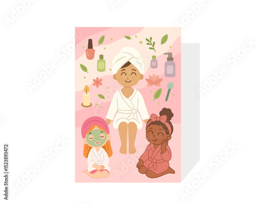 Vertical pink spa day poster with diverse girls in towels and robes, surrounded by bottles, flowers, and cosmetics for wellness and skincare events. Vector illustration