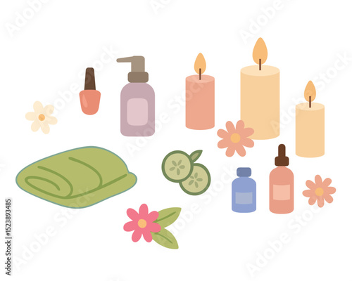 Set of spa accessories including oils, candles, towel, cucumber slices and flowers for self care, aromatherapy, and wellness themed designs. Vector illustration