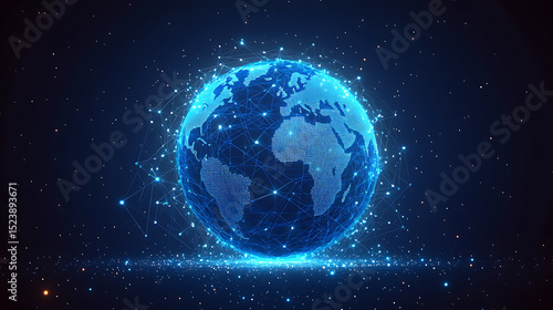 Digital world connection globe with network lines on dark blue background representing global communications