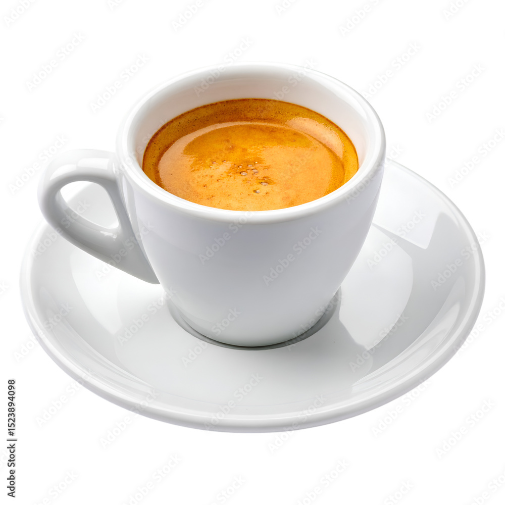 Naklejka premium Aromatic Espresso in Ceramic Cup: A close-up shot of a freshly brewed espresso in a pristine white ceramic cup, offering a rich, inviting aroma.