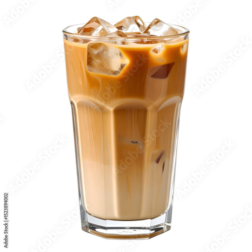 Refreshing Iced Coffee: A close-up shot captures the inviting allure of a tall glass of iced coffee, showcasing its layers of creamy, chilled perfection and the crystalline dance of ice cubes.